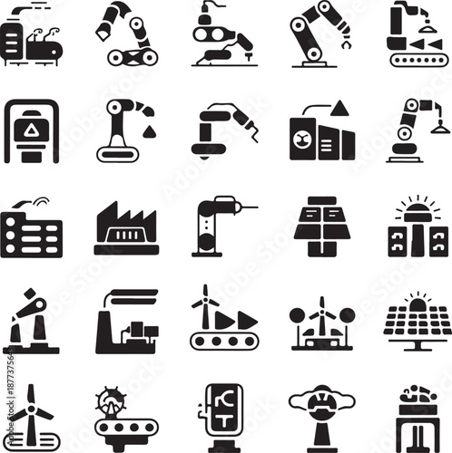 Collection of black and white industrial and manufacturing icons