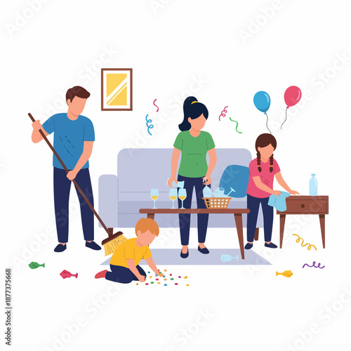 Family Cleaning House Together Happy Moment.