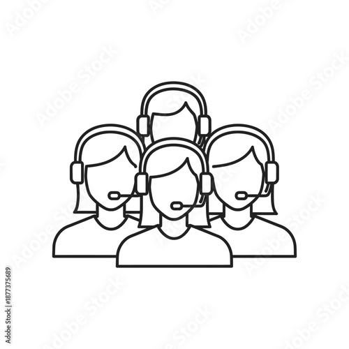 Professional Customer Service Team Icon. Group of Female Call Center Agents with Headsets. Outline Vector Illustration for Support and Communication.
