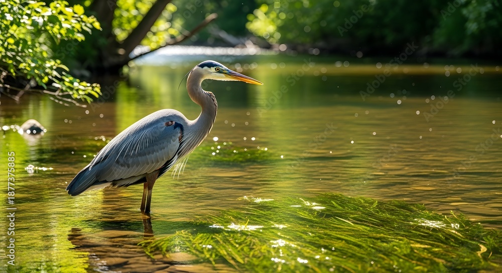 Naklejka premium A majestic heron stands in a serene lake surrounded by lush greenery on a sunny day from a distant viewpoint