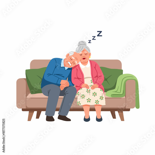 Elderly Couple Sleeping Together on Sofa.