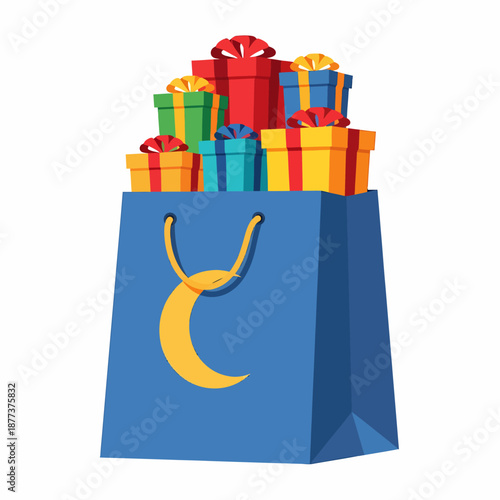 Blue Shopping Bag with Colorful Gifts Inside.