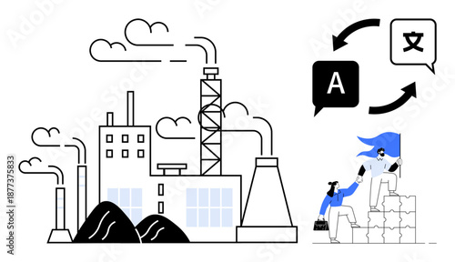 Industrial processes, globalization, translation, teamwork, business efficiency, language exchange. Factory with smoke and language translation icons. Globalization and translation in industrial
