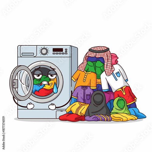 Laundry Clothes Washing Machine Cartoon Illustration.