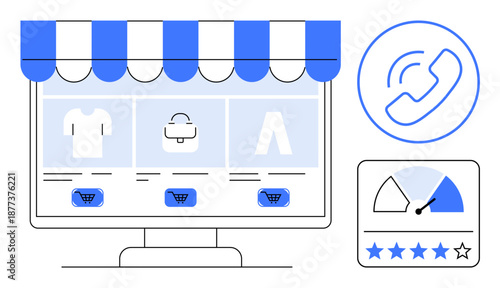 E-commerce platform. E-commerce store interface products, shopping cart, and customer rating. E-commerce including support services and performance analytics. For online shopping, business tools