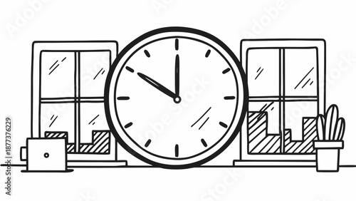 A large clock on a windowsill surrounded by office supplies and potted plants viewed from the front