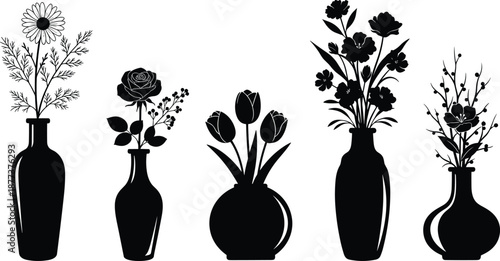 Flower vase silhouettes set isolated on white background, floral arrangement vector collection, elegant home decor illustration, black botanical design pack