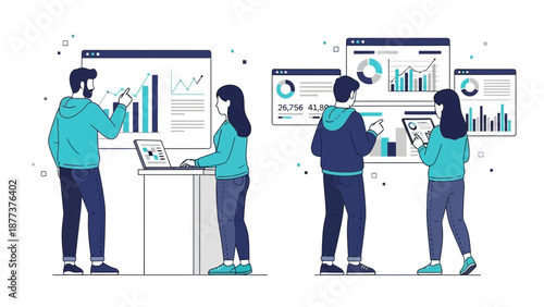 Teamwork Analyzing Business Data and Graphs on Digital Screens