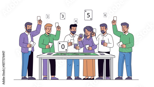 Diverse group of people playing a card game around a table, illustration style