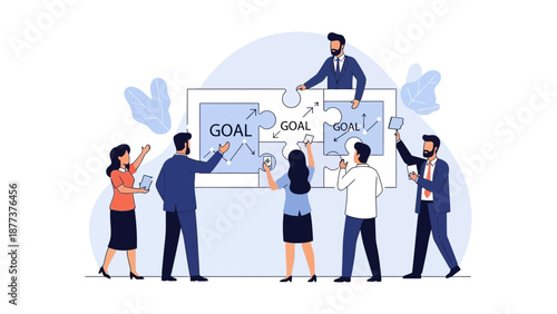 Teamwork assembling puzzle pieces with the word GOAL, business strategy and success concept