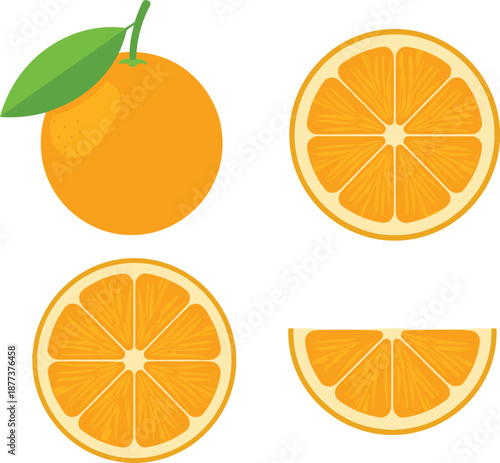 Fresh orange fruit illustration set with whole and sliced citrus, bright vector food design for healthy nutrition, juice, vitamin C, isolated