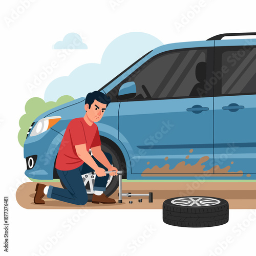 Man Changing Flat Tire on Car.