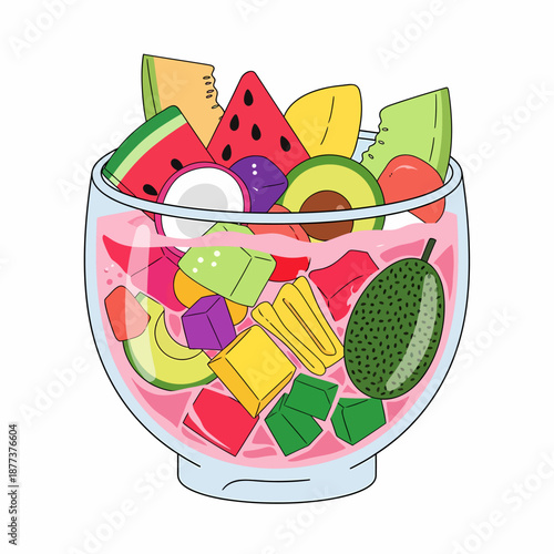 Colorful Fruit Salad in Glass Bowl.