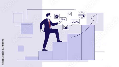 Businessman climbing stairs towards success, goal achievement, business growth concept