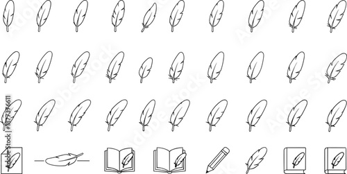 Set of feather icons and writing elements in simple black and white line art style representing literature, creativity, and writing tools