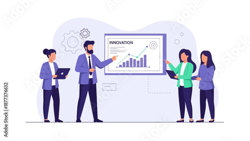 Business meeting presentation, team analyzing growth chart and innovation