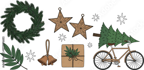 Hand drawn Christmas illustration set with wreath, stars, gift and bicycle tree, festive winter holiday elements isolated on white background