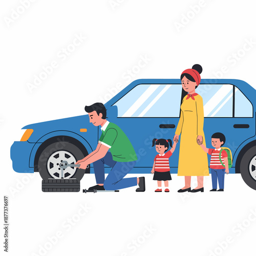 Family Standing Next to Car with Flat Tire.
