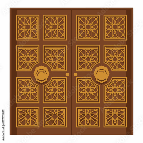 Ornate Wooden Door with Golden Details.