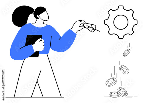 Financial planning, investment management, business strategy, growth analysis, productivity, decision-making. Woman holding tablet, pointing to gear with coins falling underneath. Financial planning