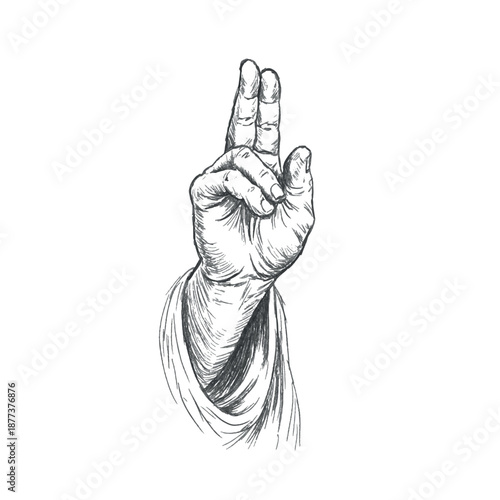 Blessing Jesus hand gesture with raised fingers, classical pencil sketch illustration symbolizing faith, prayer, protection, spiritual guidance, inspired by traditional Christian iconography. V