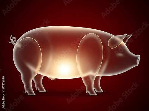 A luminous chinese new year pig with translucent, glowing body, set against a rich red background, capturing festive zodiac spirit.