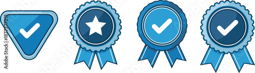 Quality assurance and certification badge icons set, approval checkmarks, rating stars, verified guarantee, award ribbons, trust and compliance symbols for web and app design