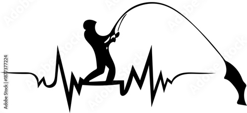 Dynamic heartbeat line integrated with a fishing silhouette, symbolizing the passion and pulse of the sport for an angler's life