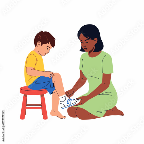 Mother Assisting Young Son with Socks.