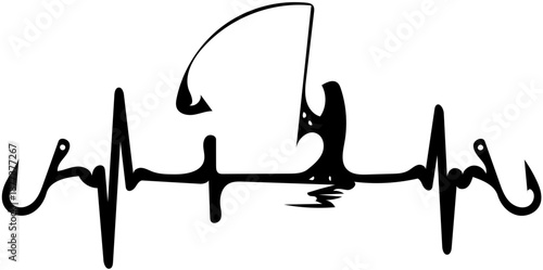 Fishing heartbeat lifeline icon with fishing rod and hooks, symbolizing passion for angling life