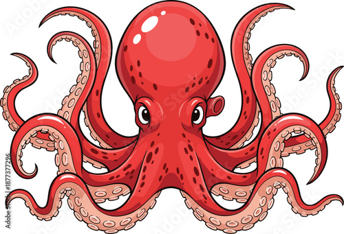 Red octopus cartoon illustration, sea creature vector mascot with tentacles, marine animal clipart, underwater wildlife design, ocean life digital artwork