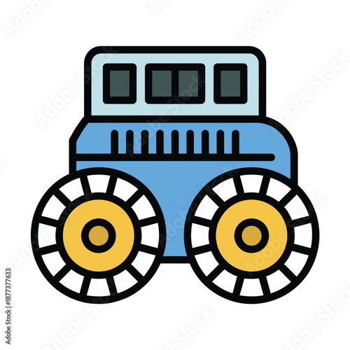 Colorful cartoon style illustration of a vintage blue and yellow wagon with large wheels isolated on transparent background