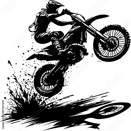 Powerful black and white vector art depicting a daring motocross biker catching air, celebrating the high-octane world of extreme sports and competitive racing