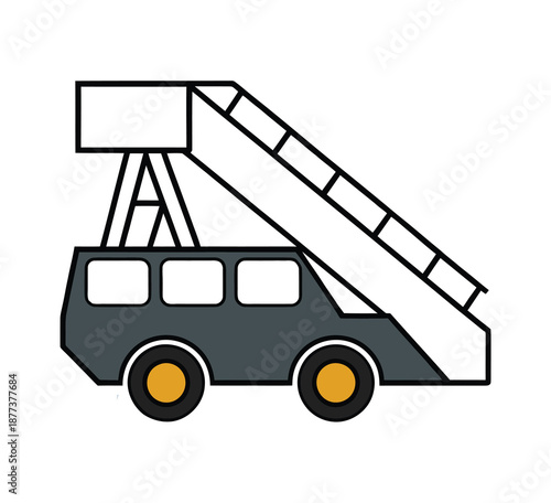 An airport passenger stairs vehicle with a dark gray body and yellowrimmed wheels on a white background