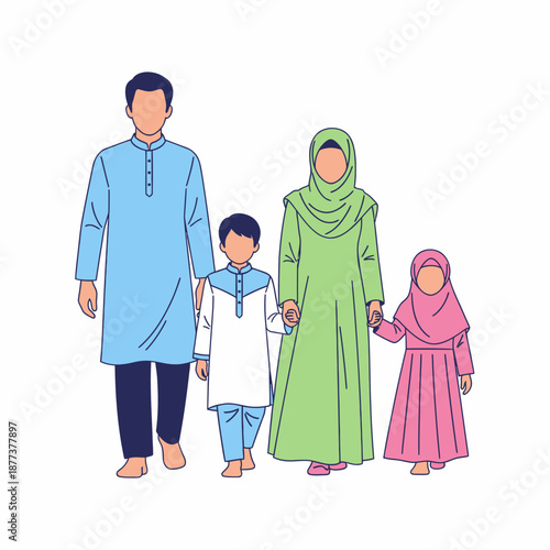 Muslim Family Standing Together in Traditional Clothing.