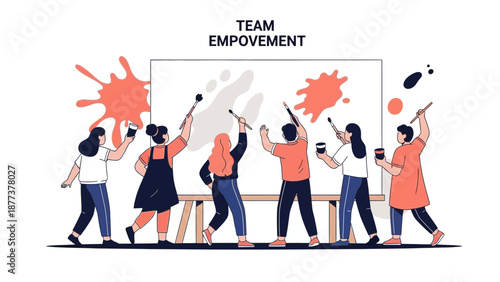 Team Empowerment: Diverse group painting together on large canvas, creative collaboration