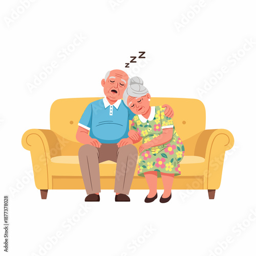 Elderly Couple Sleeping Together on Sofa.