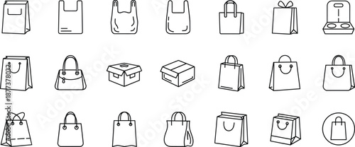Collection of shopping bag and packaging icons in clean line art style featuring paper bags, tote bags, boxes, and retail symbols