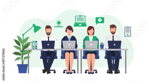 Diverse Team Working Together in Modern Office with Laptops and Greenery