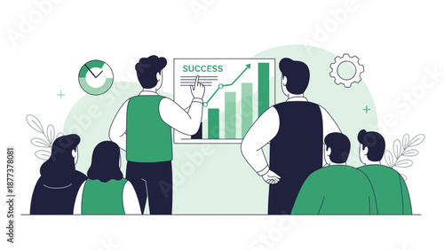 Business meeting presentation with growth chart and success graph.