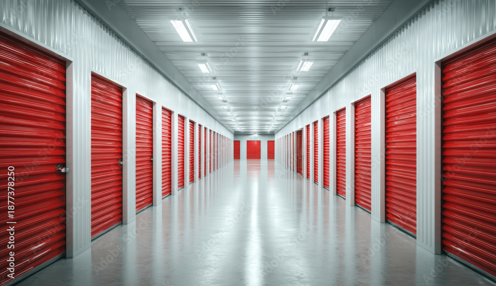 Fototapeta premium Long, spacious storage unit with white interior walls and ceiling, featuring multiple red roll-animated movie doors on each side, illuminated by overhead fluorescent lighting