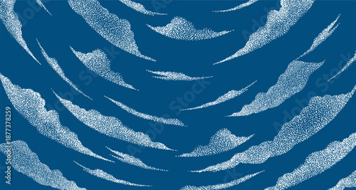 Peaceful hand drawn white stipple clouds flow across a deep indigo sky. This meditative design uses delicate dot work for a serene, zen-like aesthetic. Traditional Japanese style.