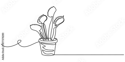 Single continuous line drawing some venus flytraps in pot. Benefits for humans. World Carnivorous Plant Day, Single one line drawing scary fresh venus flytrap for garden logo. Decorative of dionaea.
