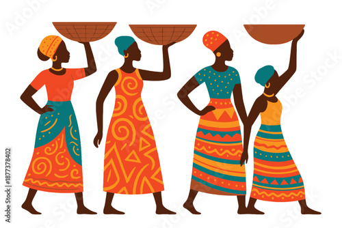  African Village Women Carrying Baskets in Colorful Traditional Clothing – Vector Illustration isolated white background