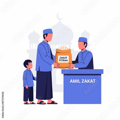 Men and boy giving Zakat donation box.
