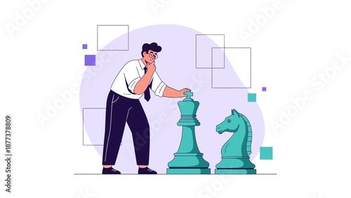 Man thinking about chess strategy with king and knight pieces, business concept