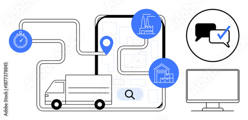 Delivery truck navigating a mapped supply chain route on a digital interface, stopwatch, warehouse, communication, and factory icons. Ideal for logistics, planning, supply chain, analytics