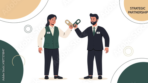 Two professionals forming a strategic partnership, holding keys.