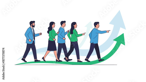 Teamwork leads to growth, diverse professionals walking on upward graph
