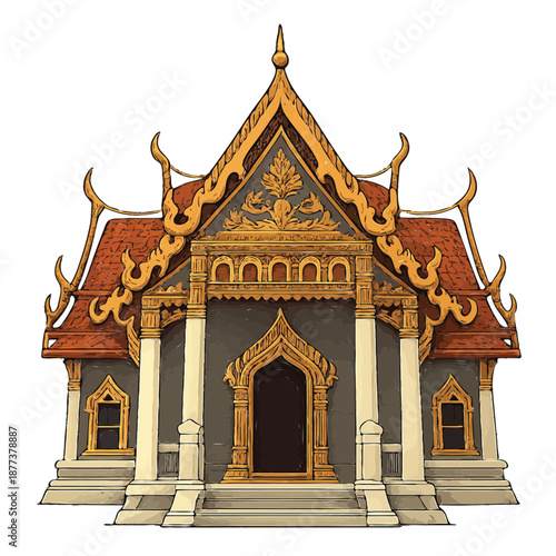 Print  Thai Temple with Ornate Roof Design – Traditional Architecture Vector Illustration isolated white background